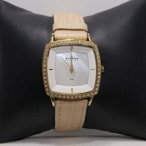 Skagen Denmark Ladies Watch, Tan Leather: New Battery, MOP Face, Stainless Steel